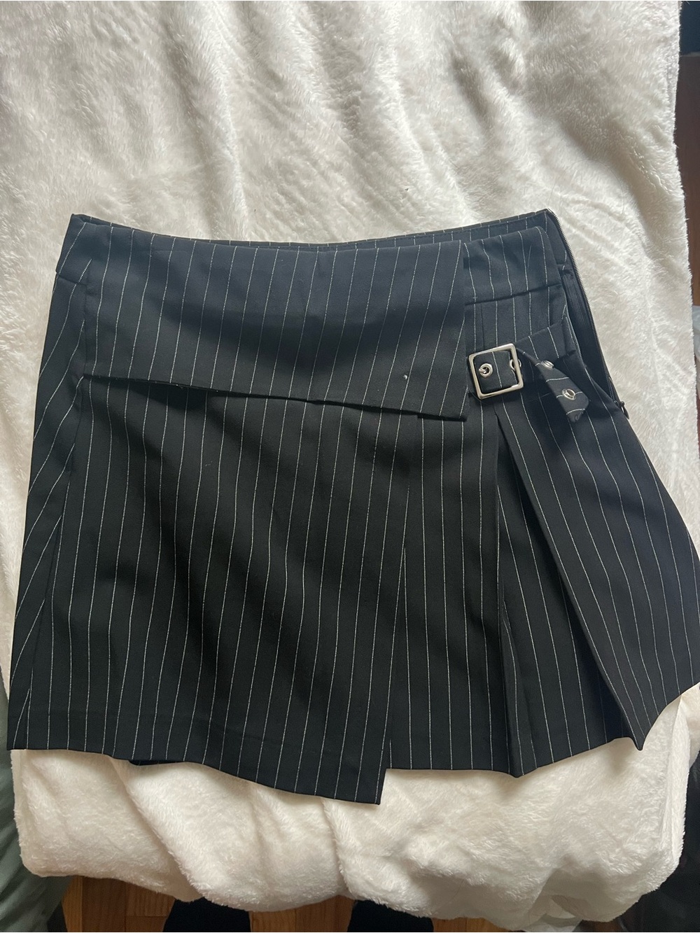 Bershka Black Pinstripe Mini Skirt with Buckle Detail